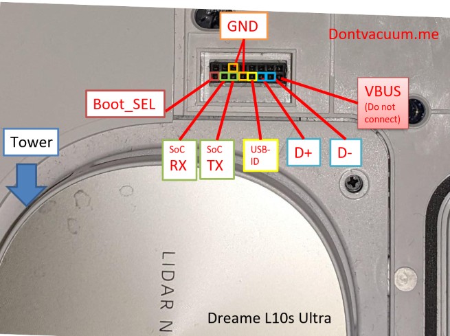 Dreame L10s Debug Port with Pin Out from the Slidedeck from DEFCON31