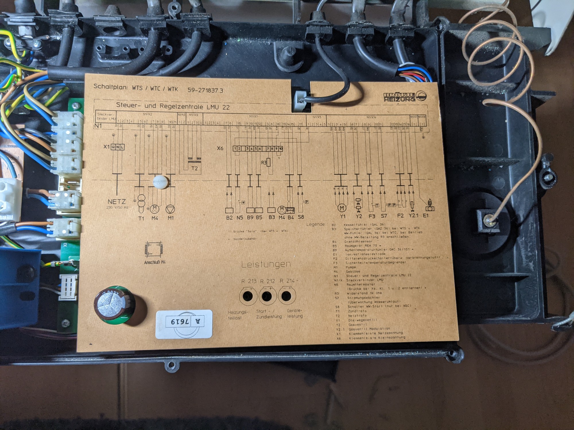 Official wiring diagram for my Boiler Brötje WTS, specifically for the Control Unit LMU 22, placed inside the boiler cover with German descriptions.